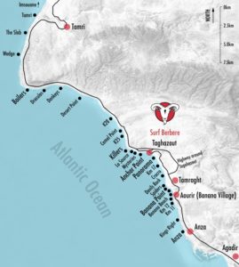 map of taghazout surf spots with a graphic illustration